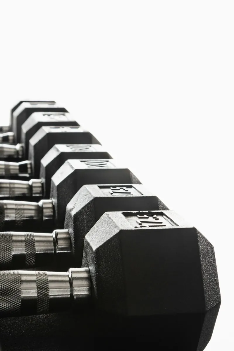 Rack of rubber hex dumbbells